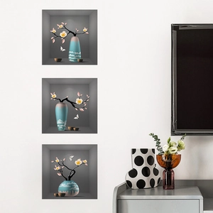 3D style floral wall stickers set with blue vases and pink flowers for home decor