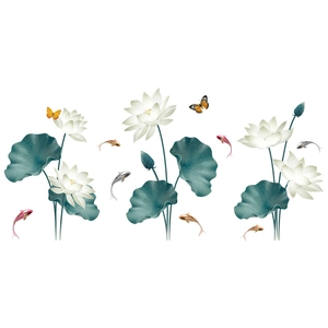 Self-adhesive wall sticker featuring white lotus flowers, green leaves, koi fish and butterflies
