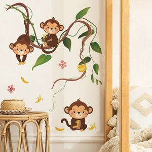Cartoon jungle monkey wall stickers with green vines and bananas for kids room decor