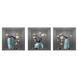 Three-piece modern 3D wall art stickers featuring blue flower vases and butterflies