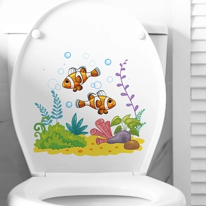 Cartoon Meereswelt Toilettendeckel Aufkleber mit Clownfisch und Algen für das Bad