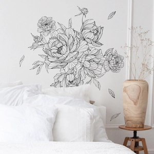 Minimalist black and white peony line art wall sticker for modern living room decor