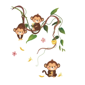 Cartoon monkey wall decal with vines and bananas for kids room home wall decoration
