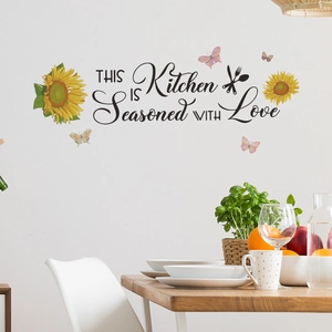 Sunflower kitchen wall sticker with This Kitchen Is Seasoned With Love quote and butterflies