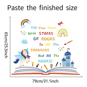 Cartoon unicorn wall decal with rainbow and castle elements showing full product dimensions