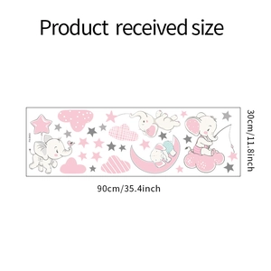 Detailed sheet size of 90x30cm showing cute cartoon elephants, stars and moon wall stickers