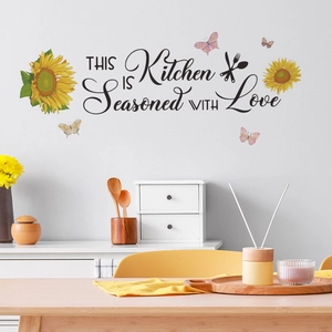 Kitchen wall decal featuring yellow sunflowers, butterflies and THIS Kitchen IS Seasoned WITH Love text