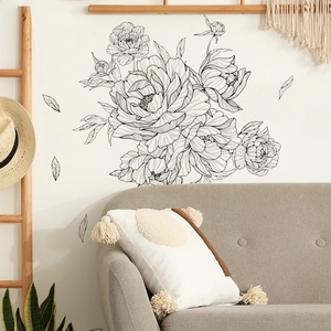 Minimalist peony flower wall stickers in black line art sketch for living room decoration