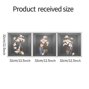 Three-piece 3D flower and ceramic vase wall stickers with size markings 32cm per piece