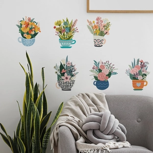 Adesivi da Parete a Forma di Tazza Creativa Cartone Animato Pianta in Vaso PVC Impermeabile Autoadesivo Floreali per Soggiorno Camera da Letto