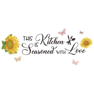 Sunflower and butterfly wall sticker with This Kitchen is Seasoned with Love slogan