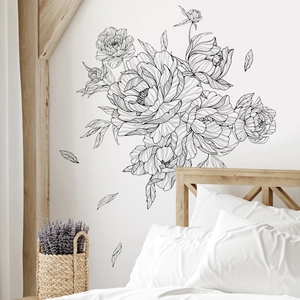 Minimalist black sketch peony flower wall stickers for living room and bedroom decor