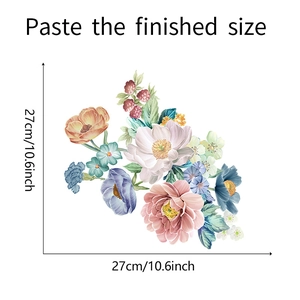 Detail view of floral wall sticker set with precise dimension markings of 27cm x 27cm