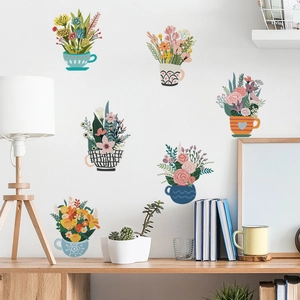 Adesivi murali con piante e fiori in vaso per decorazione di soggiorno e camera da letto