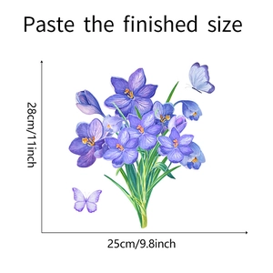 Detailed size chart for watercolor purple flower and butterfly self-adhesive wall stickers