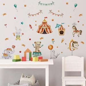 Watercolor circus wall stickers with animals and tent for kids room home decoration