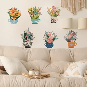 Adesivi murali fiori in tazze da tè stile boho per decorazione casa e soggiorno