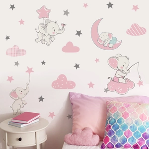 Cartoon elephant wall decals with moon and stars for a cozy nursery room decoration