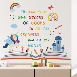 Cartoon unicorn and rainbow wall decals with inspiring English book quotes for kids room