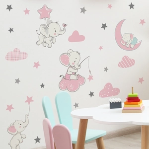 Cartoon elephant and stars wall stickers for nursery decor in soft macaron colors
