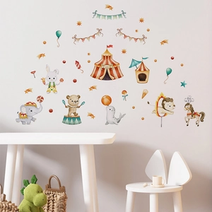 Nursery wall decals featuring watercolor circus animals like elephants and lions