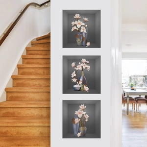 Modern 3D flower wall decals with magnolia vases for home living room decor
