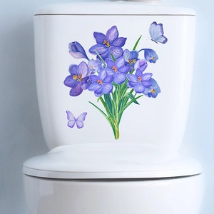 Floral toilet wall sticker featuring purple crocuses and butterflies for home decor