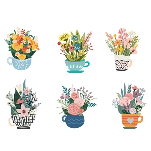 Adesivi murali tazze da tè a fiori con motivi floreali disegnati a mano per la casa