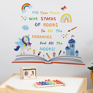 Cartoon unicorn and rainbow wall decals set applied on white wall in kids playroom