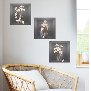 3D floral wall stickers with pink magnolia and blue vases in a modern living room