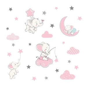 Cartoon elephant wall decals with clouds and stars for children bedroom nursery decor