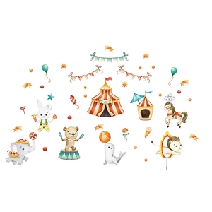 Watercolor circus wall decals set with circus tent animals and festive balloons