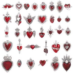 Gothic Sacred Heart Alloy Pendants Vintage Red Enamel Charms For DIY Jewelry Making Punk Necklace Bracelet Accessories