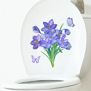 Watercolor purple flowers and butterflies self-adhesive bathroom toilet seat sticker decoration