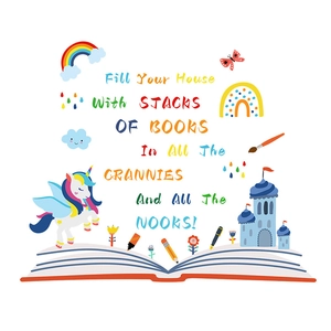 Colorful unicorn and castle wall stickers with motivational book quote for kids rooms