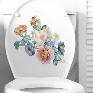 Watercolor floral toilet seat sticker with pink and purple hand-painted flower decals