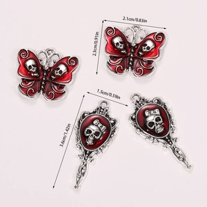 Gothic skull butterfly and mirror pendants in silver alloy with red enamel for DIY jewelry