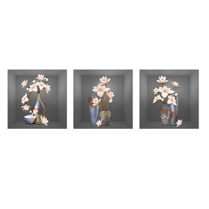 Three-piece 3D wall art set featuring white magnolia flowers in modern ceramic vases