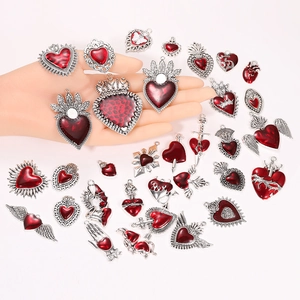 Gothic silver heart pendants collection with red enamel for DIY jewelry making