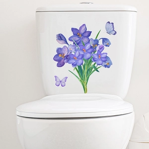 Watercolor purple crocus flower and butterfly self-adhesive toilet seat decorative sticker