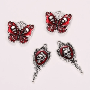 Gothic skull butterfly and hand mirror pendants with red enamel for DIY jewelry making