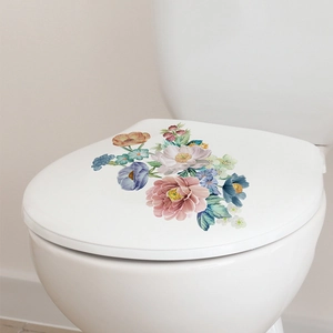 Macro detail of waterproof floral toilet lid sticker with vintage peony patterns