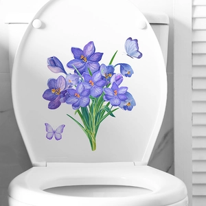Watercolor Purple Flower Butterfly Toilet Sticker Waterproof PVC Bathroom Wall Decal Self-Adhesive Home Decor Mural