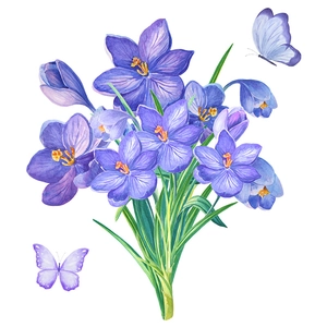 Self-adhesive floral wall sticker featuring purple crocus flowers and flying butterflies