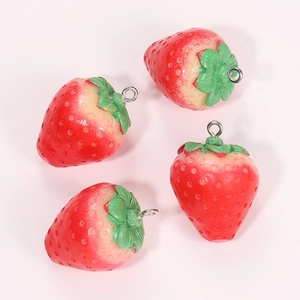 Set of four realistic red resin strawberry pendants with green leaves and metal rings