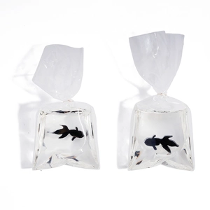 Creative resin gold fish in water bag earrings with transparent simulated liquid design