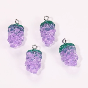 Set of four purple resin grape charms with green leaves and silver rings for DIY jewelry
