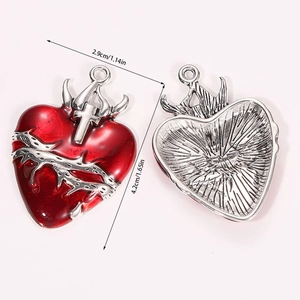 Gothic Sacred Heart pendant with red enamel and dimensions 2.9cm x 4.2cm shown front and back