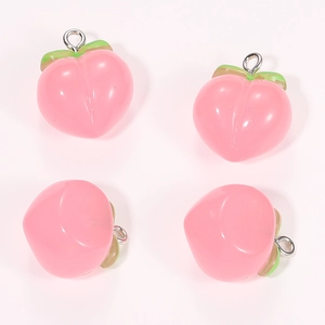 Set of four cute resin peach pendants with green leaves and silver rings for DIY jewelry