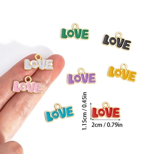 Colorful enamel LOVE letter charms with gold plating and size dimensions for DIY jewelry